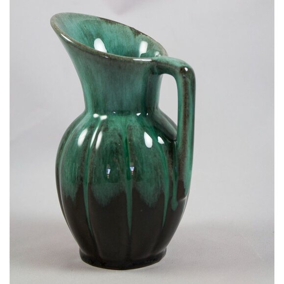 Vtg 1960's Canuck Pottery Fluted Jug #908 Evangeline Ware Blue-Green Drip Glaze - Picture 1 of 6